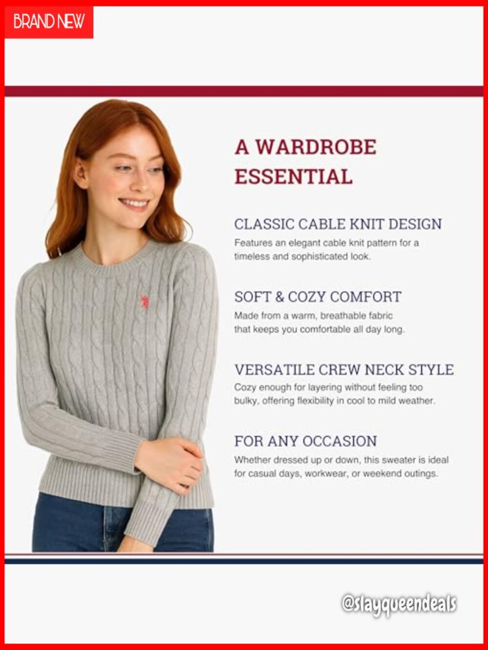 Women's Crew Neck Cable Knit Sweater Long Sleeve Pullover - Picture 4 of 6